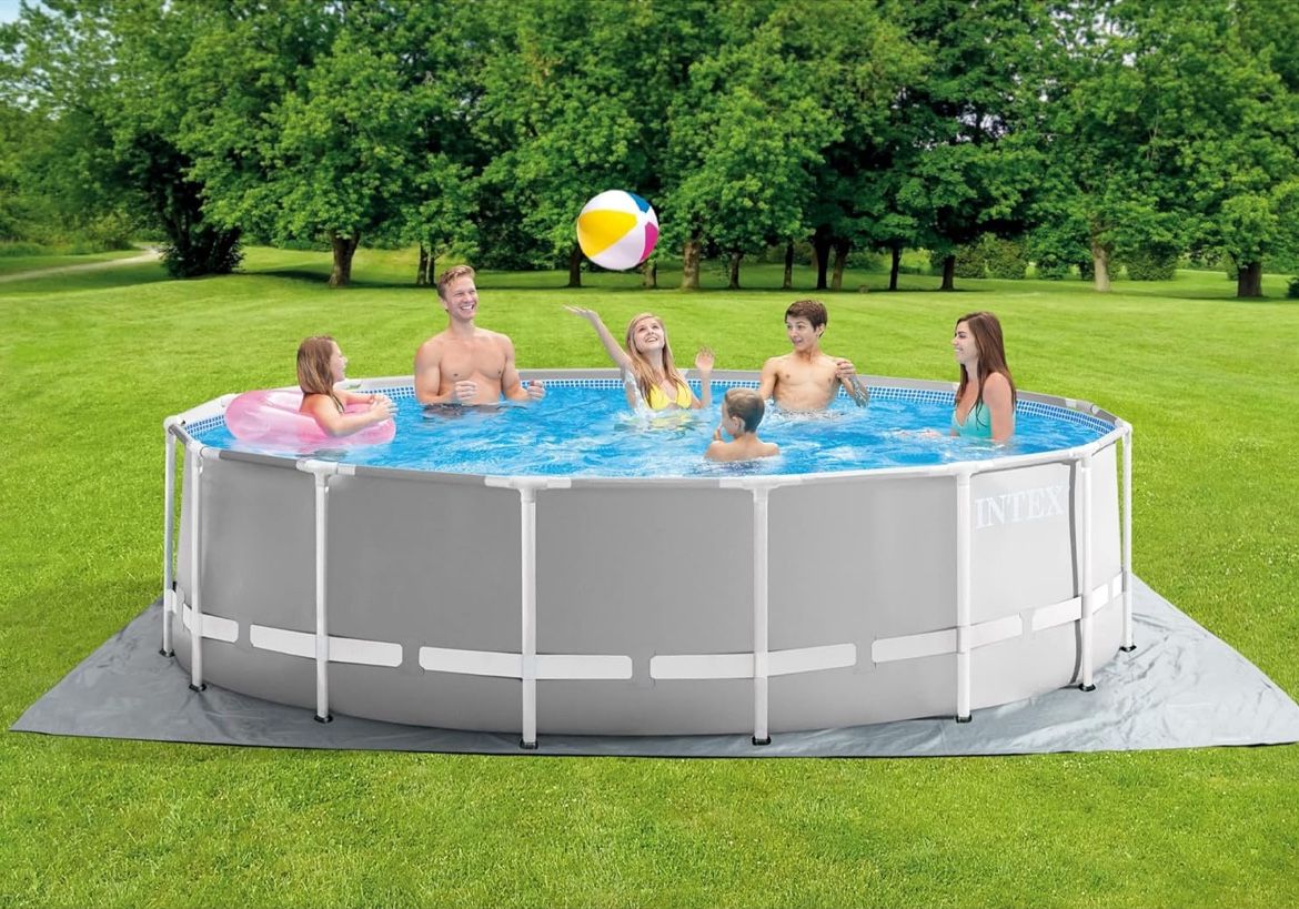 Intex 26725EH 15ft x 48in Outdoor Backyard Prism Round Above Ground Swimming Pool Set with Ladder, Filter Pump and Cover, Gray