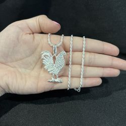 925 Sterling Silver Men CZ Rooster Chicken Gallo Pendant & Rope Chain