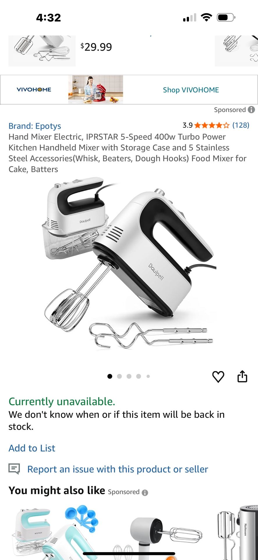 $10-Hand Mixer Electric, IPRSTAR 5-Speed 400w Turbo Power Kitchen Handheld Mixer with Storage Case and 5 Stainless Steel Accessories(Whisk, Beaters, D