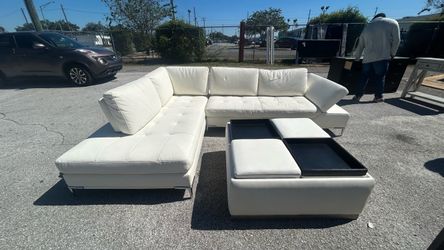 White Leather Sectional Sofa with Storage Ottoman