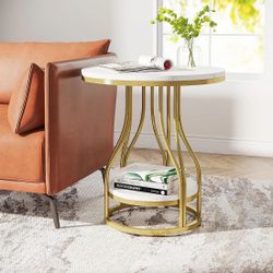 Modern Gold Faux Marble Round 2-Tier Side Table – Compact & Stylish Accent Table