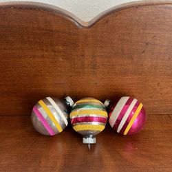Set of 3 Vintage Shiny Brite Ornaments Stripes, Mica 2 7/8” diameter 