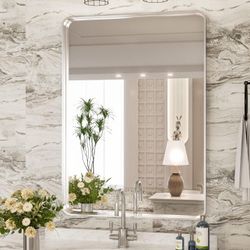 24" x 36" Brushed Brass Metal Silver Bathroom Mirror Metal Rounded Corner Rectangle Mirror Deep Frame Horizontal Or Vertical