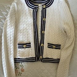Navy & White Striped Cardigan w/ Gold Embellishments