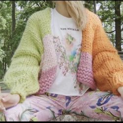 Brand New Handmade Color Block Oversized Cardigan, Knitted Outerwear