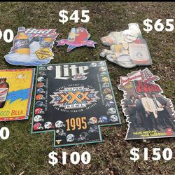 Vintage beer tin signs from the 90”. Pricing in pictures. If listed they are available 