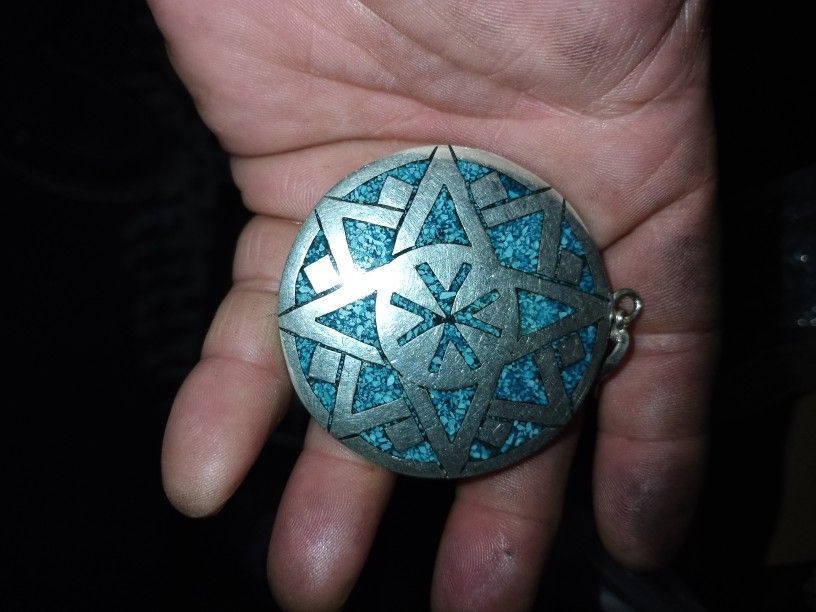 Silver Pendant N Turquoise Marked 