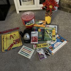 Box of Teacher Supplies Including Vase & Pencil Sharpener
