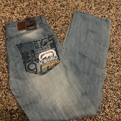 Ecko Unlimited Jeans Men's 32x32 Blue Light Wash Straight Leg RARE Distressed ME