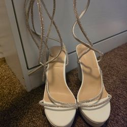 White Rhinestone Wrap Strap Heels