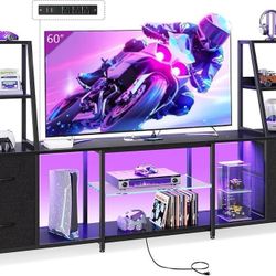 TV Stand for 40-60 Inch TVs, Entertainment Center with LED Lights & Power Outlets, 4 Drawer Modern TV Media Console and Bookshelf TV Stand 