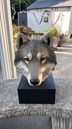 Wolf Head Bust Sculpture on Black Base