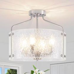 15.35 in. 4-Light Nickel Modern Glass Drum Semi Flush Mount Ceiling Light Fixture for Dinning Room