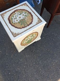 White Painted Wood Side Table with Floral Art