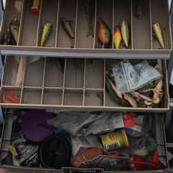 Fish Tackle Box With Goodies And Rod