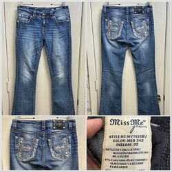 Miss Me medium wash mid rise bootcut rhinestone embellished jeans size 28