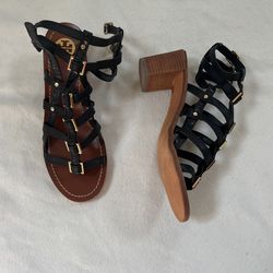 Tory Burch Size 9 Gladiator Sandals New Black Leather Gold Buckles