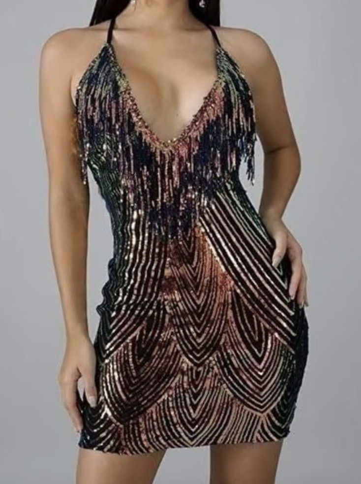 Sequin Fringe Mini Dress - Multi Color