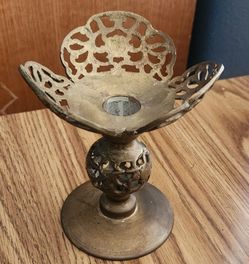 Vintage Taiwan Asian Brass Metal Candle Holder Pricket Chinese Design E21