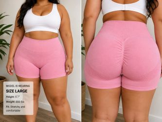 Seamless High-Waisted Scrunch Butt Gym Shorts – Pink | Size L