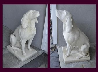 Pair of imported French limestone hunting hounds garden statues hand carved Estate size