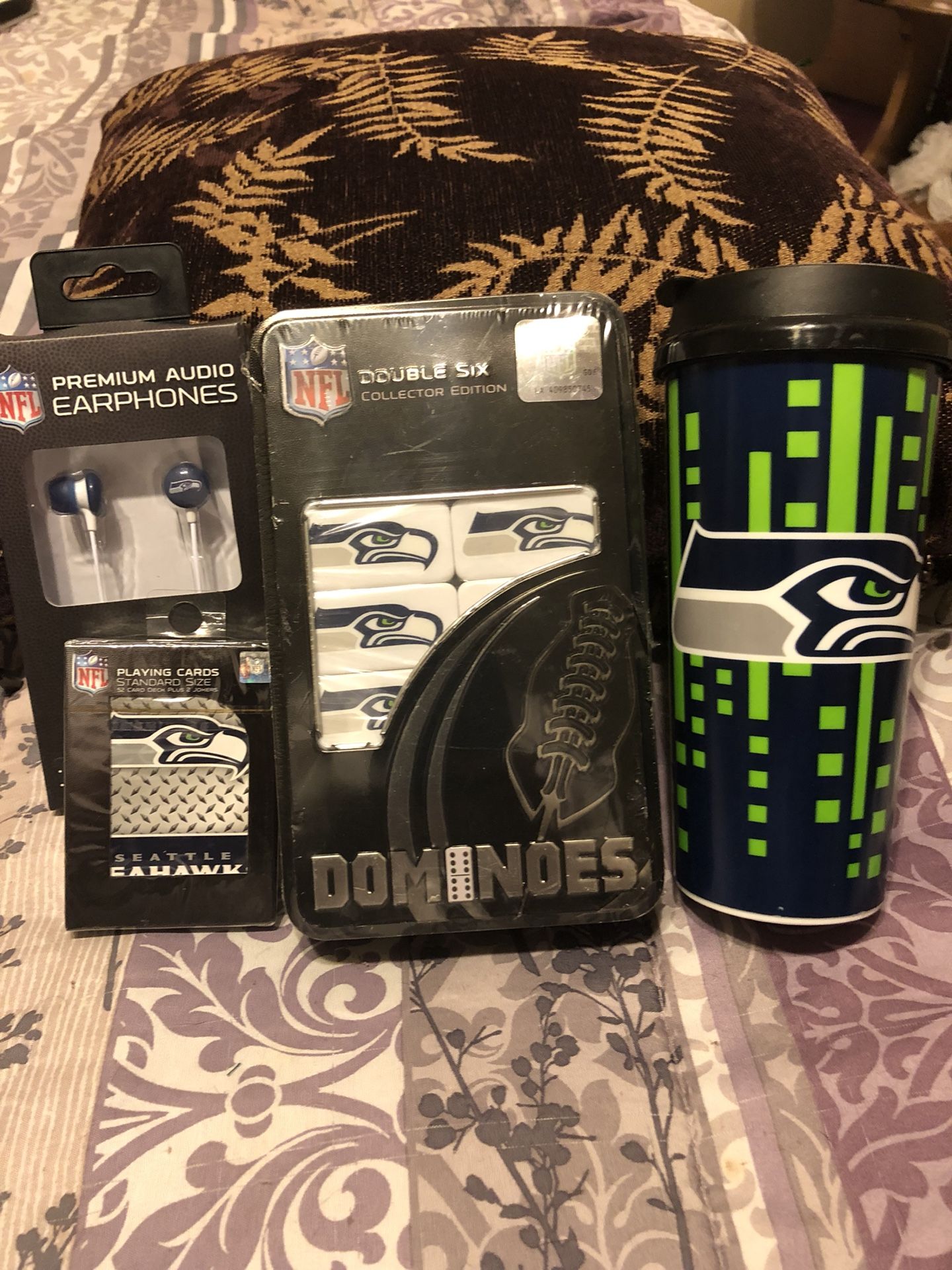 Seattle Seahawks earphones playing cards Dominos and cup