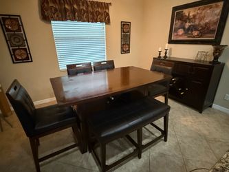 Dining Set with Wine Storage Table, 4 swivel stools and Bench seat. Matching Buffet/Hutch/Server