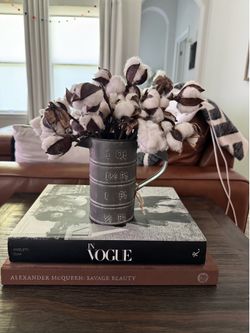 Rustic Faux Cotton Arrangement in Metal Pitcher Vase | Farmhouse Decor