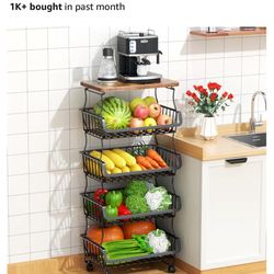 Fruit Vegetable Basket for Kitchen, 5 Tier Stackable Fruit Vegetable Storage Baskets with Wheels, Metal Wire Storage Basket Organizer Baskets for Kitc