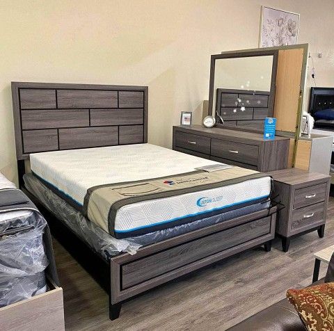 Akerson Driftwood Panel Bedroom Set
Crown Mark 4 Piece,King Bed Dresser Mirror And Nightstand
