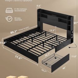 King Size Bed Frame with Bookcase Headboard and 4 Storage Drawers