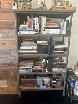 Industrial wood and metal bookcase: 71" H, 42" W, 15" D