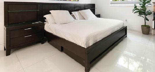 Solid wood King Bed w/ integrated nightstands and underneath storage
