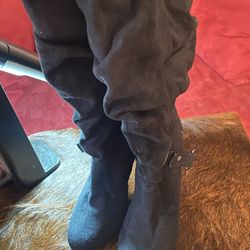 Black Shin High Mid Heel  Boots