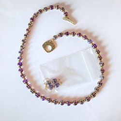 Purple Czech Glass Antique Gold Plated Necklace And Earrings Set 