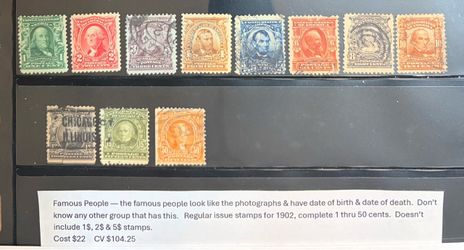 Regular Issue U.S. Stamps 1902 Famous People,  implemented 1 thru 50 cents