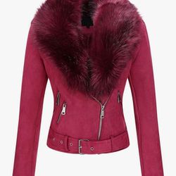 Bellivera Women Faux Suede Leather Jacket Motorcycle Biker Sherpa-Lined Coat with Detachable Fur Collar

