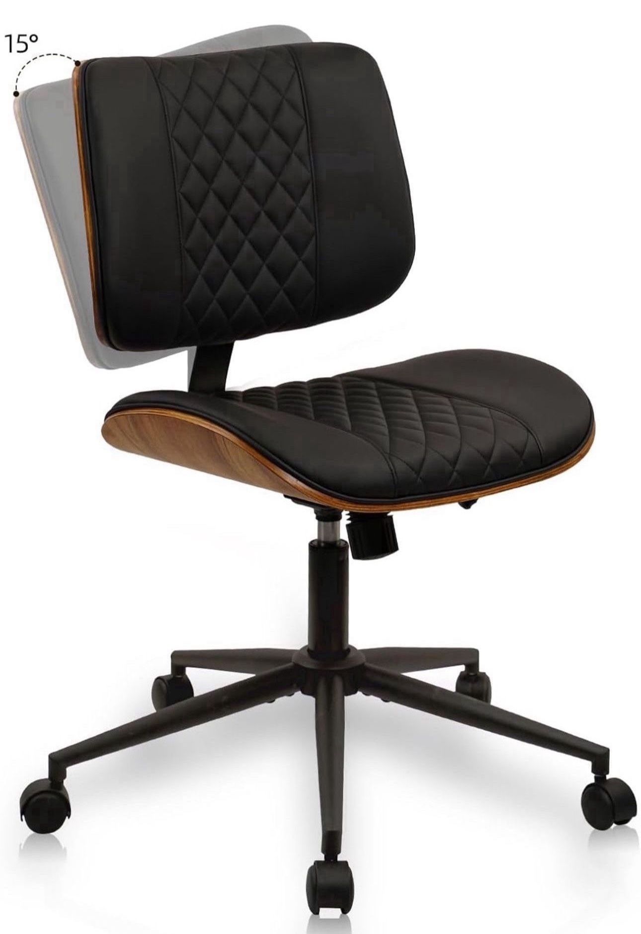 Armless Home Office Chair, Desk Chair with Wheels, Adjustable Height Reading Chair, Leather Mid Back & Swivel Computer Chair, Modern Walnut Chair with