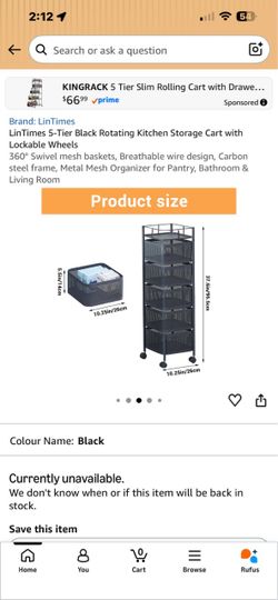 LinTimes 5-Tier Black Rolling Storage Cart