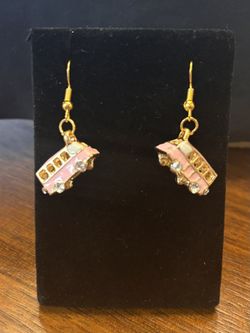 New VW Pink Bus W Rhinestone Wheels Gold Tone Earrings Hippie Vibes