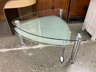Contemporary Geometric Glass Coffee Table w/ Swinging Bottom Shelf
