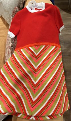 Girl's Piccolino Dress with Red Top, Multi-Color, Diagonal-Striped Skirt. Size 8