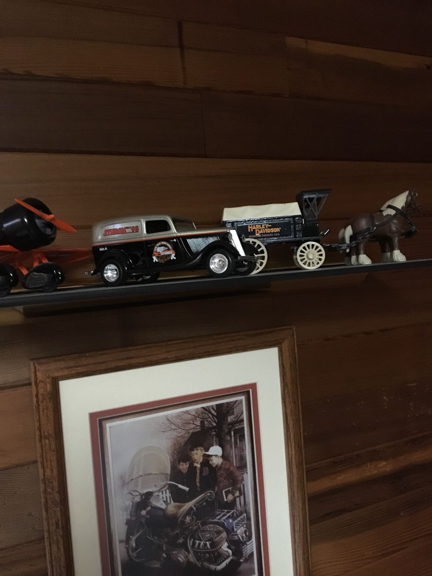 Harley collection, toys, banks, trains. Sturgis products. Belt nickel collection.