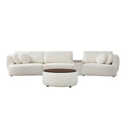 New Curved Modern Modular Sofa Sectional Cream Colored With Storage Console And Storage Ottoman