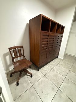 Large Wooden Secretary Desk with Storage Hutch & Chair