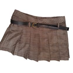 New Hunter & Brown Plaid school girl Skirt with belt womens sz large skirt