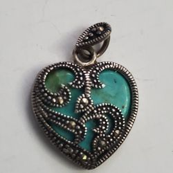 Sterling Silver Marcasite & Turquoise Heart Necklace Pendant 