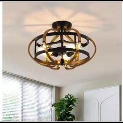 18.9 in. 3-Light Black and Gold Open Cage Shade Semi-Flush Mount Ceiling Light