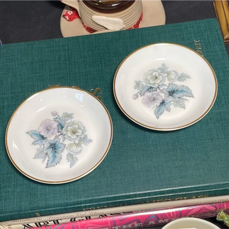 Set of 2 Royal Worcester Woodland Pin Trinket Butter Pat Floral Dishes Bone China 4.5"