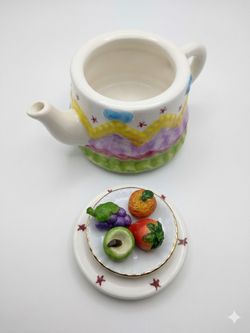Vintage Miniature Ceramic Teapot Set – Hand-Painted Fruit & Stars Design